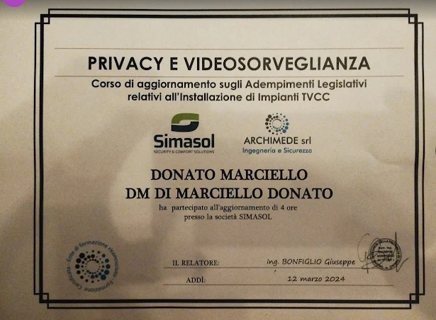 Attestato di aggiornamento Privacy e Videosorveglianza di Donato Marciello, corso sugli adempimenti legislativi per l'installazione di impianti TVCC